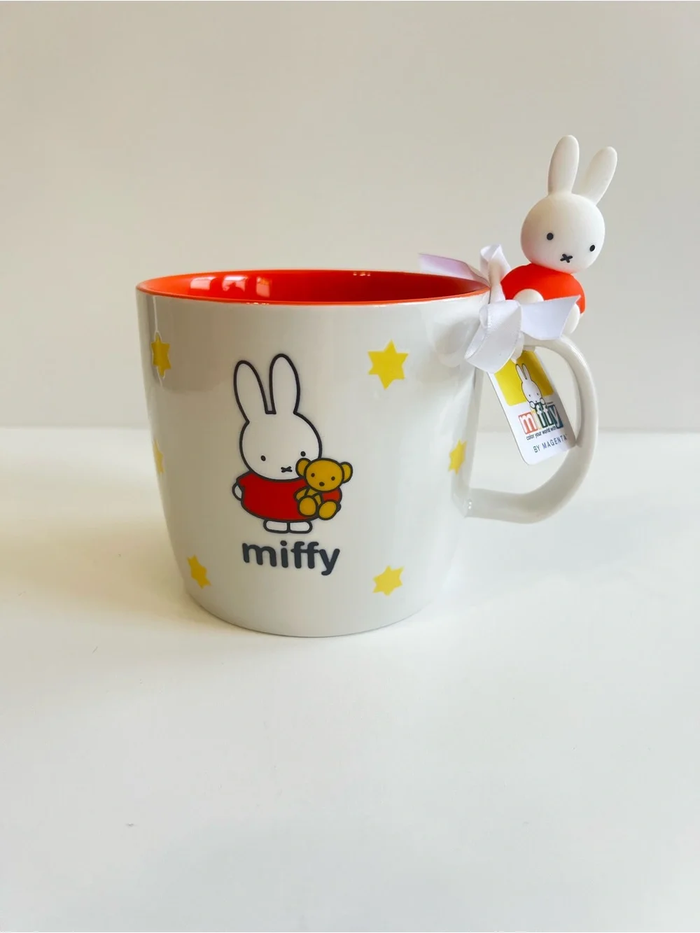 NWT MIFFY Bunny 20 Oz Ceramic Mug By Magenta Orange Dress With Stars Teddy Bear